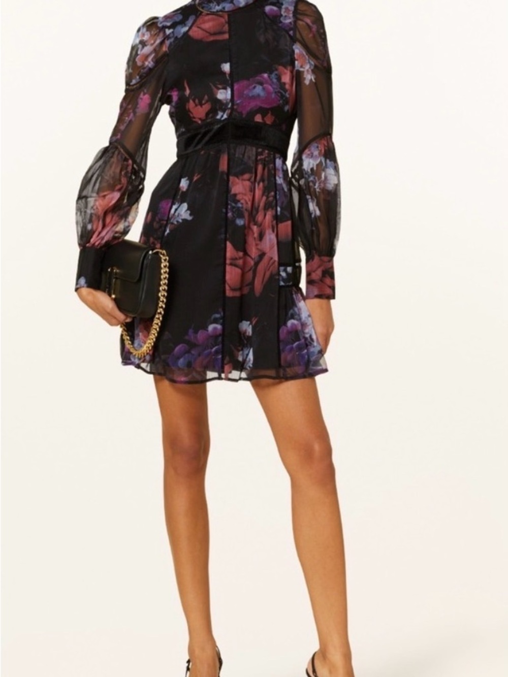 Ted Baker Black Floral Mesh Long-Sleeve Mini Dress US size 12 large